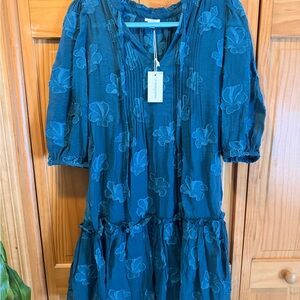 Blue Floral Textured Midi Dress with Puff Sleeves